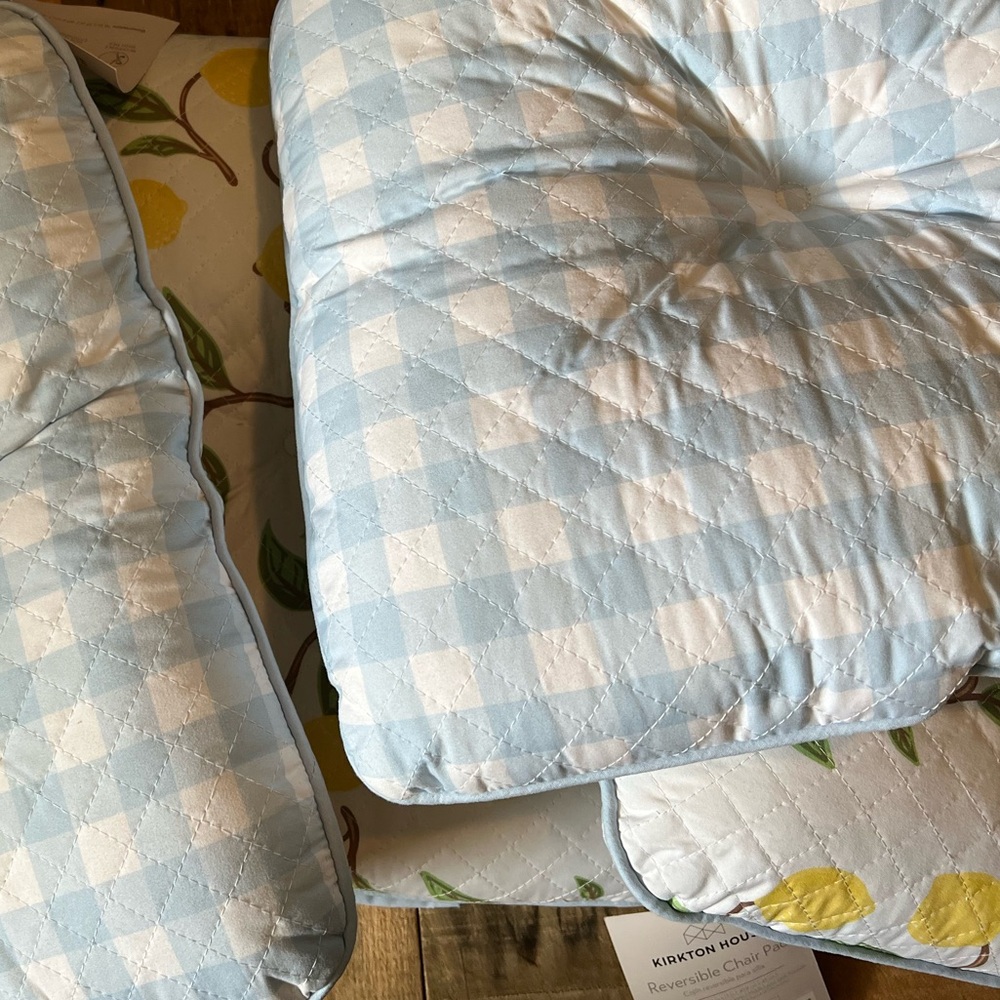 Lemon / Blue Gingham Reversible Seat Cushion set of 4 NWT - Picture 8 of 11